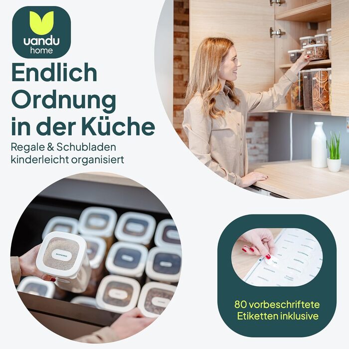 Контейнери для зберігання Uandu з кришкою, герметичні - набір 24 шт. | Контейнери для кухні, органайзери для зберігання | Без BPA | Організатор для кухні | Контейнери для сухих продуктів (12x550 мл, білий)