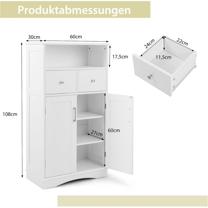 Окремо стояча тумба для ванної COSTWAY біла, дерево, 2 ящики, 2 дверцята, регульовані полиці, 60x30x108 см
