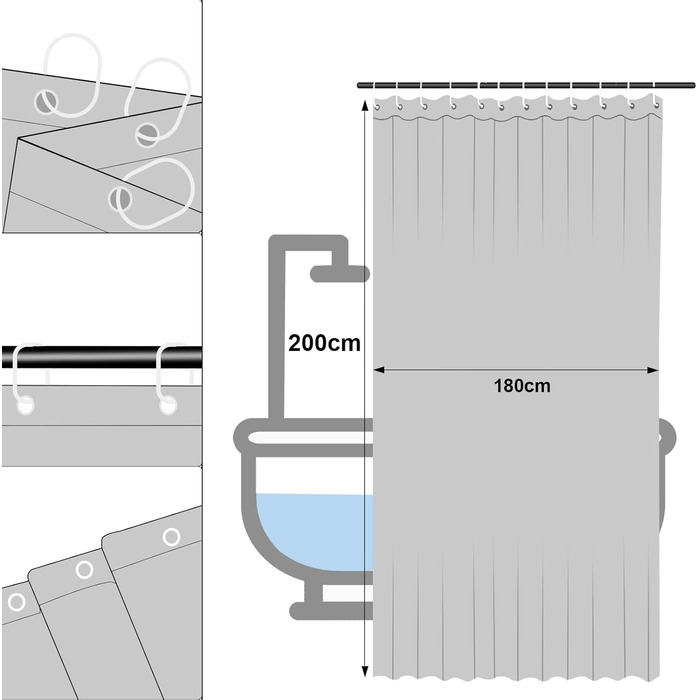 Штора для душу WOLTU 240x200см, Захист від цвілі, Водонепроникний, Можна мити, в т.ч. 14 кілець, Сірий (180x200 см)