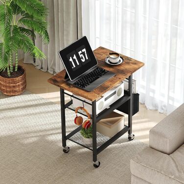 Трирівневий стіл для принтера з ящиком, контейнер на коліщатках, стійка для принтера, полиця для зберігання, в стилі індустріального лофту, з бічною кишенею, дерев'яна полиця, 2 S-гачки, для домашнього офісу, рустикально-коричневий та чорний, APTHR2501, 5