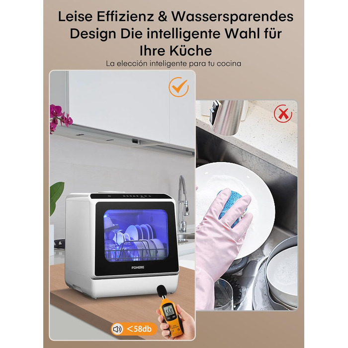 Посудомийна машина Fohere компактна 5л з таймером відкладеного старту (6 годин), 6 програм, для кухні, кемпінгу, автодому