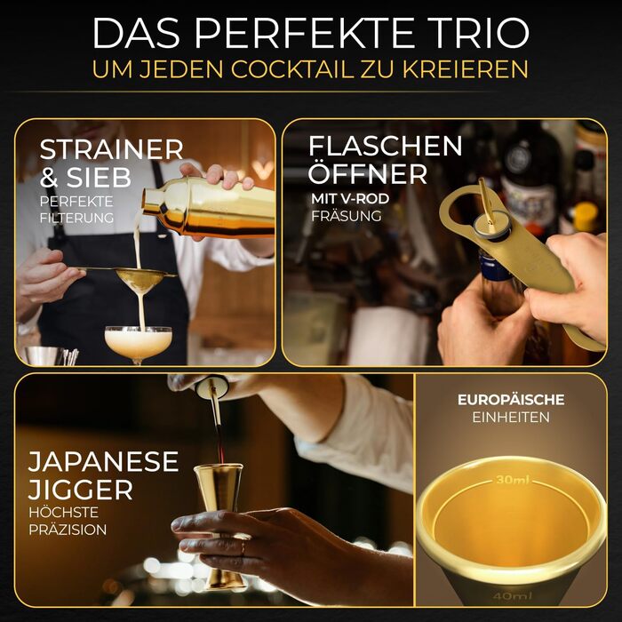 Набір для коктейлів Cobbler 700мл з нержавіючої сталі, професійний шейкер для барменів з підставкою та рецептами, класичний набір (Gold)