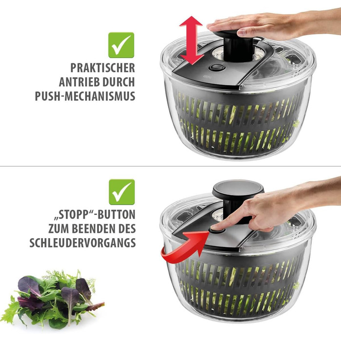 Салатниця-швидкообертач GEFU з кришкою для зберігання | 3л пластикова чаша з вбудованим ситом та ручним приводом | Чорний/Сірий колір