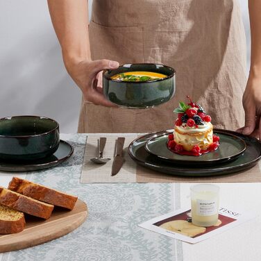 Набір посуду Joyfair на 6 осіб (18 предметів), кераміка, темно-зелений, для мікрохвильовки та посудомийної машини. Елегантний гладкий дизайн.