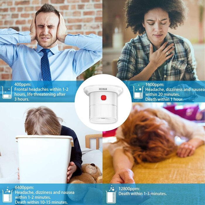 Детектор чадного газу HEIMAN з Wi-Fi, 10 років служби, сумісний з Tuya/SmartLife, EN50291, портативний (HS1CA)