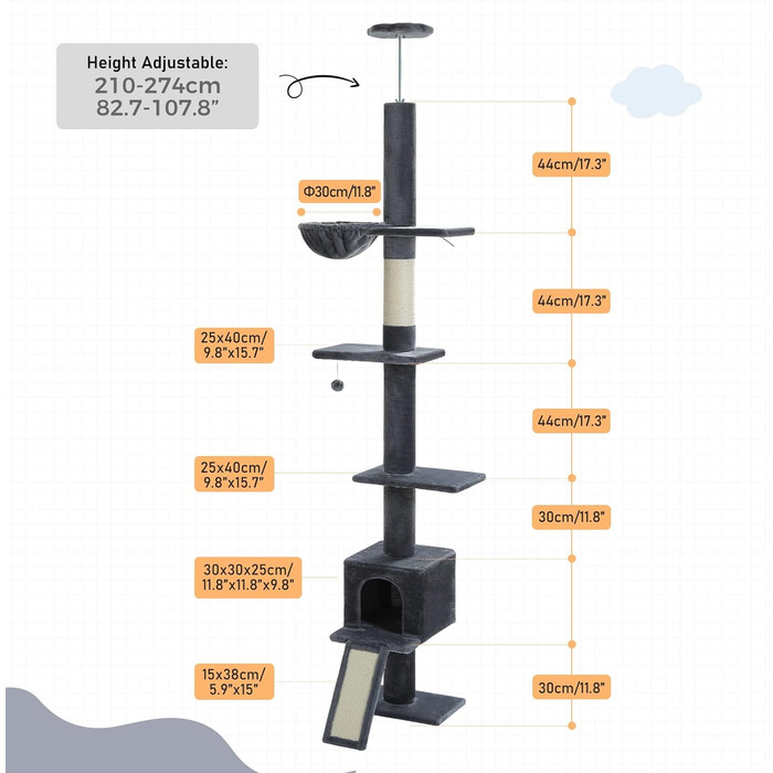 Дорожня кігтеточка PAWZ висота до стелі, регулюється по висоті (216-273 см), з гамаком і котячою печерою, темно-сірий