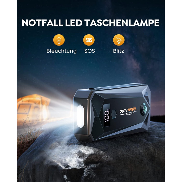 Портативний акумулятор YaberAuto для запуску двигуна з LED-ліхтариком, 4500A, 21800mAh (YA50 3000A) - для бензинових та дизельних двигунів