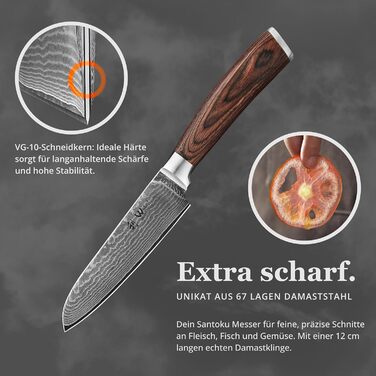 Японський ніж Wakoli EDIB Santoku з дамаської сталі (серцевина VG10), 12.5 см – гострий та зручний. Ніж Сантоку з ручкою з паккавуду в подарунковій коробці, для овочів та фруктів