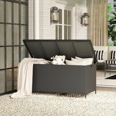 Водонепроникний садовий ящик Amopatio Gartenbox 480л з поліротангу, металевий ящик для подушок на колесах з газліфтом, чорний