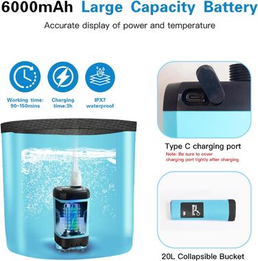 Портативна душова кабіна для кемпінгу з насосом, акумулятор 6000mAh, 2м шланг, цифровий дисплей, для саду, пляжу, тварин, миття авто