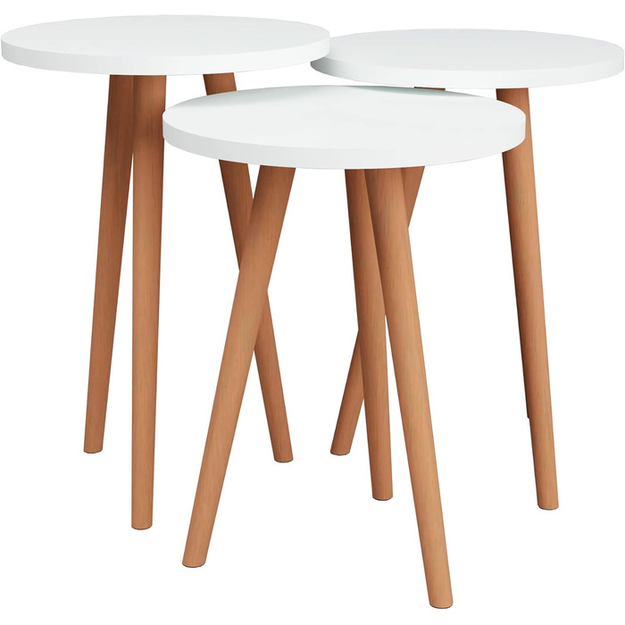 Журнальний стіл Herrljunga Набір з 3 столів для вітальні Круглий білий диванний стіл Журнальний столик Ніжки столу з букового дерева