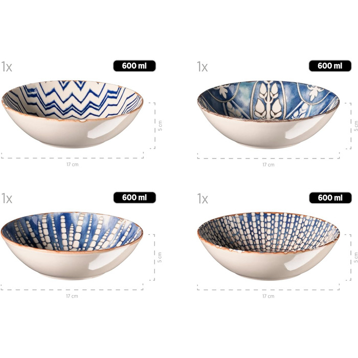 Предмети в мавританському стилі на 4 персони, набір тарілок з різними вінтажними візерунками в білому і блакитному кольорі, керамограніт (набір чаш), 934017 Iberico Blue 12