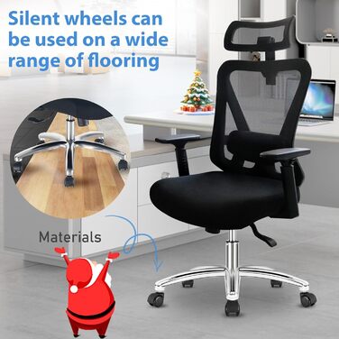 Ергономічне крісло для офісу з підголівником та підтримкою попереку, регульовані підлокітники та висота, поворотне крісло з регулюванням нахилу 90°-130° (фіксація), вантажопідйомність до 150 кг