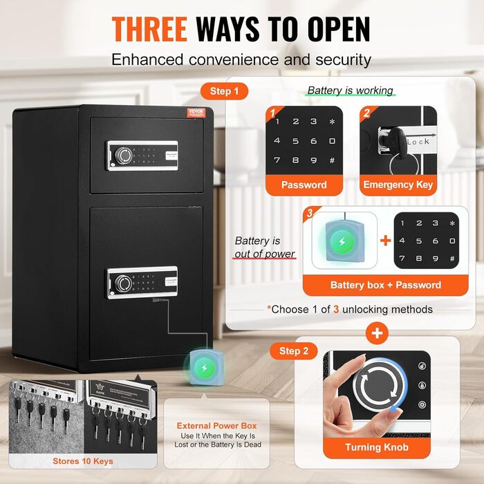 Сейф VEVOR з вогнестійким кишеням, 3,5 кубічних футів, 2 перегородки, цифровий сейф для дому, чорний, 1 дверцята (2 відділення)