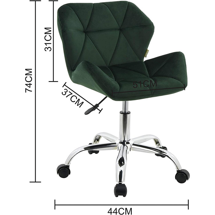 Робоче крісло HNNHOME Eris, сучасне обертове крісло з м'якою оббивкою, з тканини, регульоване по висоті (темно-зелений, оксамитовий)