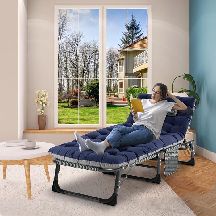 Сонячне ліжко MOPHOTO, розкладне для саду з матрацом, регульовані спинка та підніжка, портативне, для дому та вулиці, складане (зелене дитяче ліжко, матрац) (блакитне)