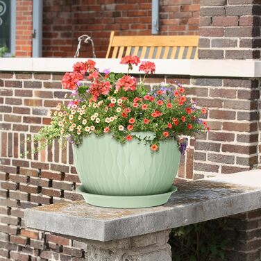 Великі горщики для квітів 3 шт. (12+10+9 дюймів), 30.5x25.4x25.4x22.9 см, для дому та саду, з дренажними отворами, зелені