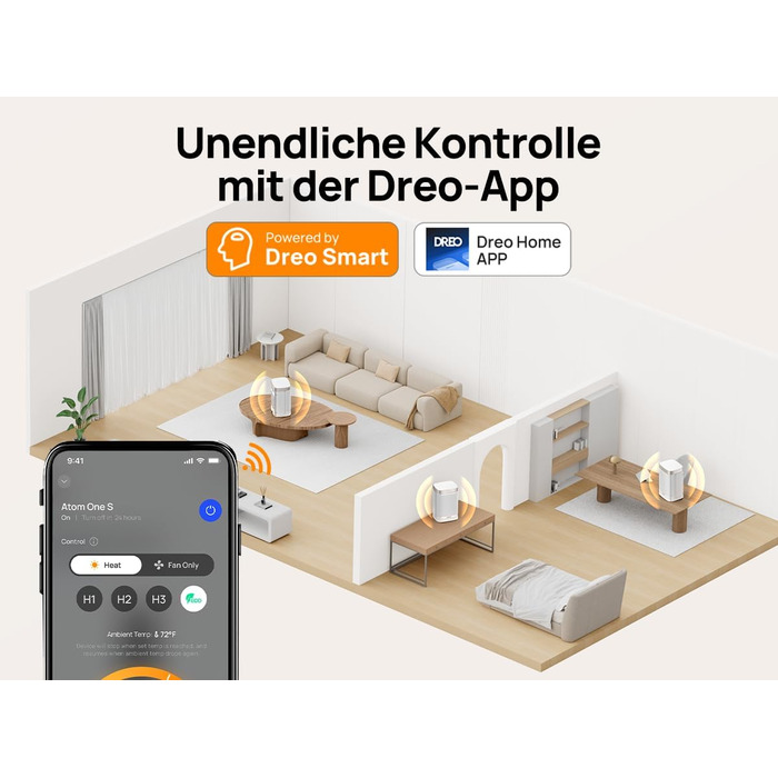 Електричний обігрівач Dreo Atom One S: тихий, енергоефективний, з Wi-Fi, пультом керування та 12-годинним таймером, 1500W, 3 режими, 3 швидкості, PTC кераміка, білий