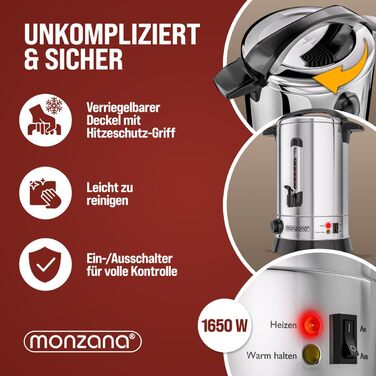 MONZANA Електричний нагрівач для глінтвейну 20 л з краном, термостатом 30-110°C, з нержавіючої сталі, на 90 чашок, для консервування, нагрівач пуншу, автомат для гарячих напоїв 20 л