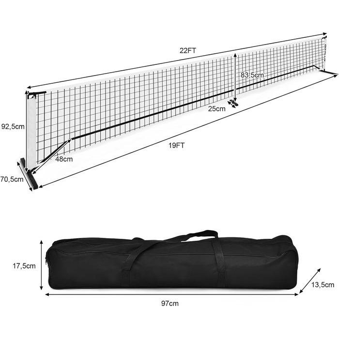 Сітка для пікніка COSTWAY 670 см, офіційний розмір, металева рама, поліефірна сітка, сумка для перенесення, стійка до погодних умов, для використання в приміщенні та на відкритому повітрі