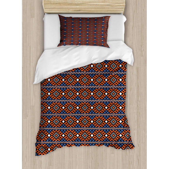 Абстрактний набір підковдр для односпальних ліжок, племінні геометричні мотиви, захист від кліщів для алергіків підходить з наволочкою, 130 x 200 см - 70 x 50 см, Burnt Sienna Azure Blue