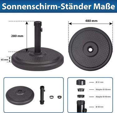Підставка для парасольки Paramondo, кругла, з полімерного бетону, для масту до Ø 50 мм, з адаптерними втулками (чорна)