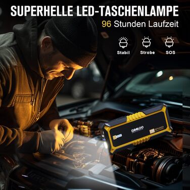 Powerbank Starthilfe GOOLOO GP2000 для автомобілів: 4000A, USB-швидка зарядка, LED, кабель для підзарядки, 8.0L бензин/6.0L дизель