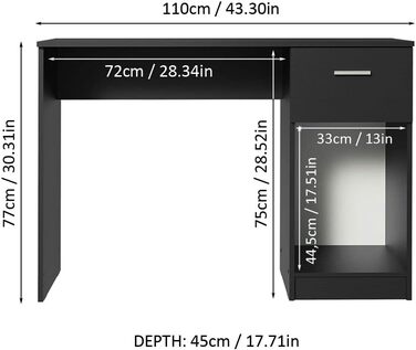 Комп'ютерний стіл з 1 шухлядою і 1 дверцятами, для спальні та кабінету, 110 х 45 х 77 см, з дерева - чорний
