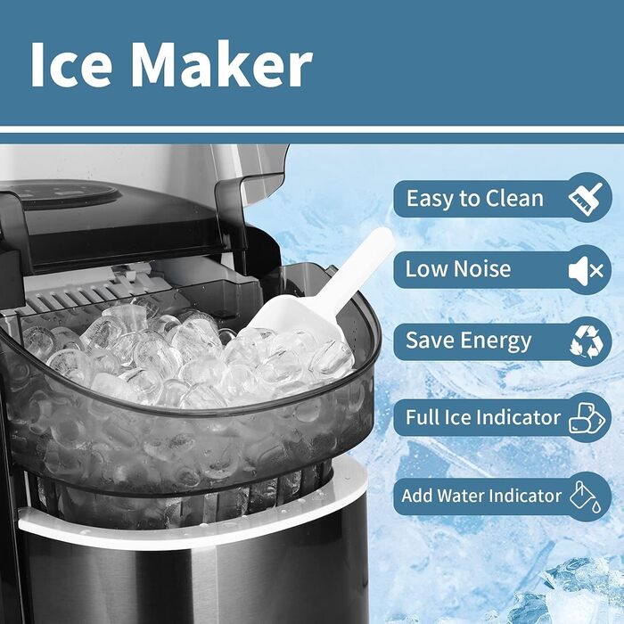 Льодогенератор Eiswürfelmaschine 12 кг/добу, швидке виробництво льоду (6 хв), тихий, з функцією самоочищення, чорний