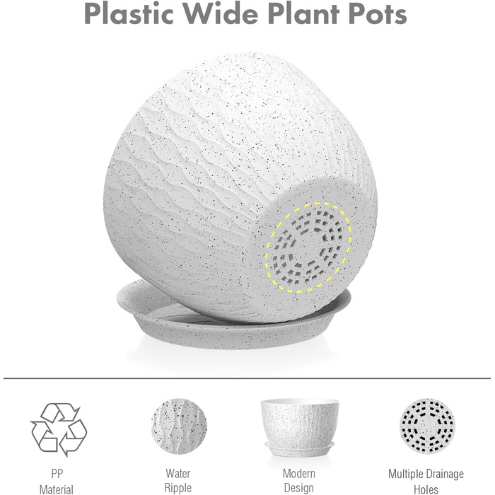Великі горщики для квітів 3 шт. (30.5x25.4x25.4x22.9 см) з водозливами, білі з чорними крапками, для дому та саду