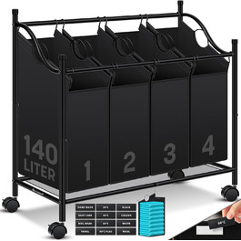 Кошик для білизни KESSER з 4 знімними мішками для сортування | 4 відділення по 35 літрів | Чорний кошик для білизни з колесами та гальмами
