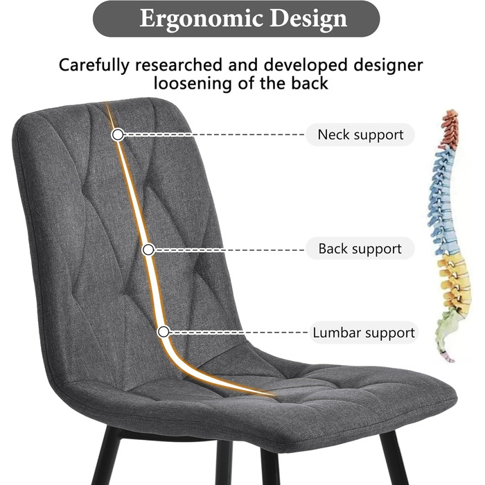 KUAKE Комплект обідньої групи: стіл 117x68 см та 4 стільці, сучасний прямокутний обідній стіл, сірі стільці з льону, чорні ніжки