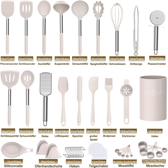 Набір кухонних аксесуарів 34 шт. з силікону: кухонне приладдя, посуд, тримач, антипригарне покриття, нержавіюча сталь, хакі