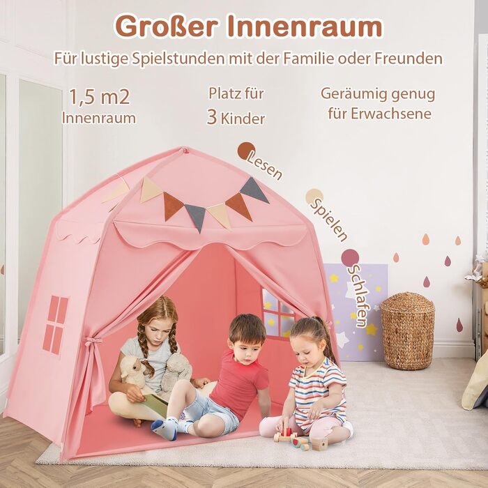 Дитячий ігровий будиночок COSTWAY, намет для дітей з прапорцями та гірляндою, намет принцеси, великий намет у дитячу кімнату для хлопчиків та дівчаток від 3 років, 157 x 98 x 148 см (Рожевий)