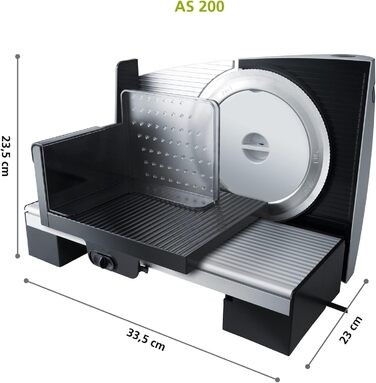 Слайсер для нарізання їжі Steba AS 200, Зроблено в ЄС, ніж з нержавіючої сталі Solingen, товщина різання регулюється до 15 мм, каретка з плавним рухом із захисним кожухом для рук і тримачем для їжі, подвійний запобіжний вимикач