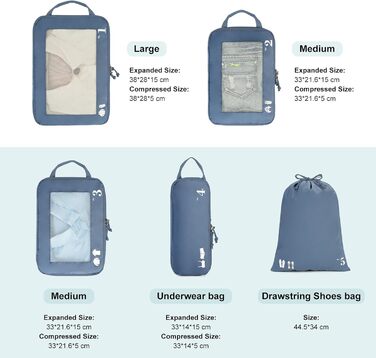 Набір компресійних органайзерів для валізи та рюкзака ECOHUB, 5 предметів, синій