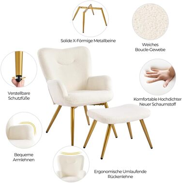 Крісло-навушник Yaheetech з пуфом з тканини Boucle, крісло для відпочинку з підставкою для ніг, розкладне крісло для вітальні/спальні, колір слонова кістка