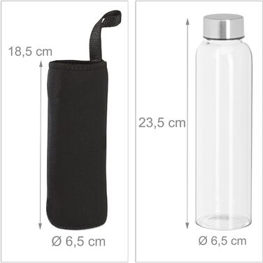 Пляшка для пиття Relaxdays, набір з 2 шт. 500 мл, герметична, скляна пляшка з гільзою, HxD приблизно 23,5x6,5 см, прозора/чорна