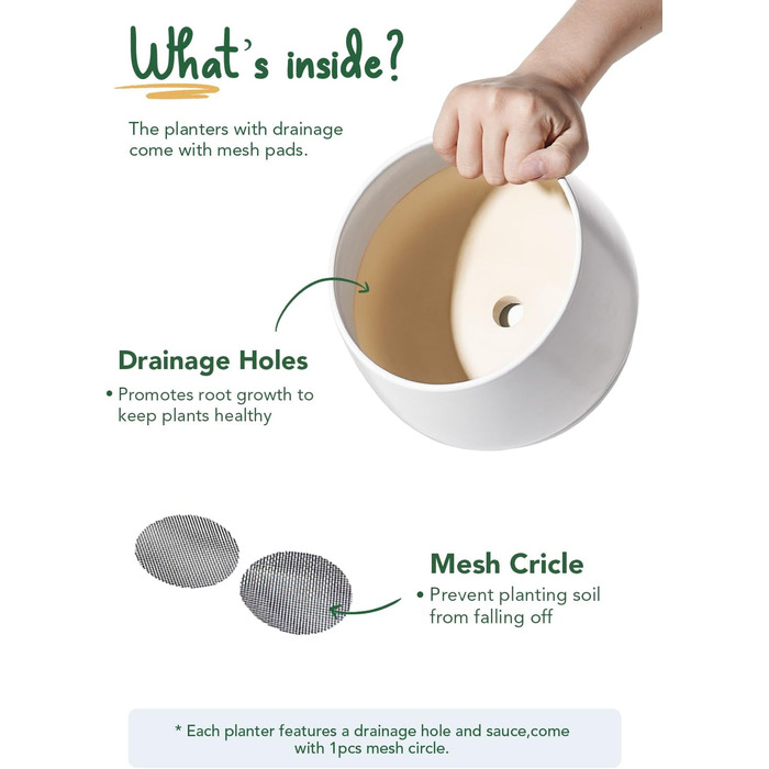 Керамічні горщики LE TAUCI з підставкою, 10+13+16 см, набір з 3 горщиків для кімнатних рослин, з дренажним отвором (білий)