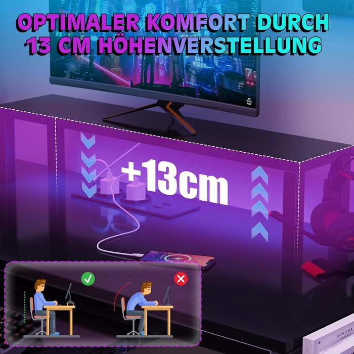 Ігровий стіл Flamaker L-подібний 140x140 см з RGB LED, підставка для монітора та полиця | 2 розетки + 2 USB-порти (вуглецеве волокно, чорний матовий)