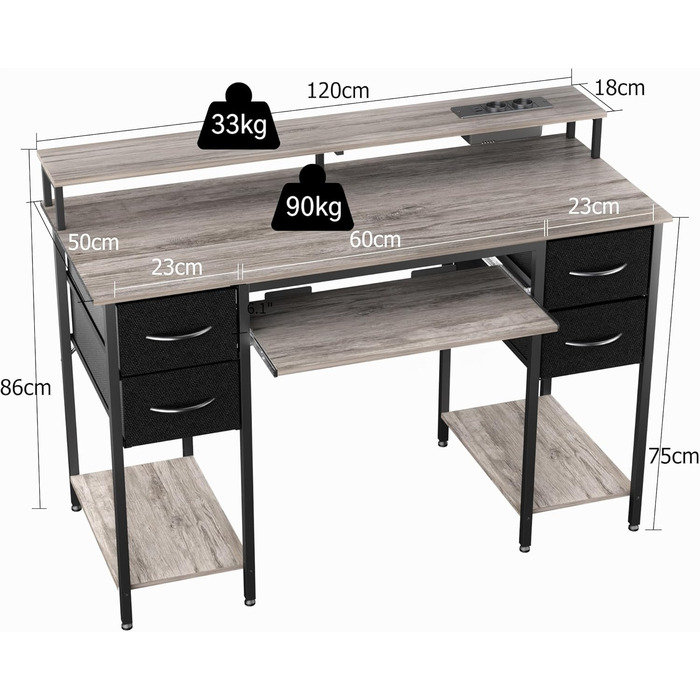 Ігровий стіл BEXEVUE з розетками та LED-підсвіткою 120x50 см. Сучасний комп'ютерний стіл з підставкою для клавіатури, 4 висувними ящиками та великою полицею для навчання, ігор та роботи. Колір: Pure Gray