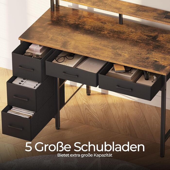 Комп'ютерний стіл Seventable з розетками та LED-підсвіткою, 100 см, геймінговий стіл з 5 висувними ящиками та підставкою для монітора, для офісу, кабінету, спальні, вітальні (Вінтажний коричневий)