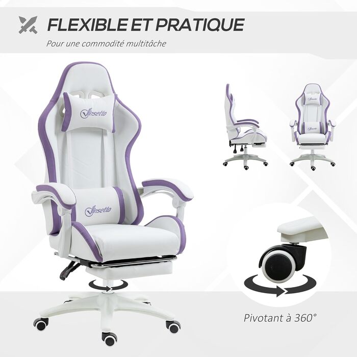 Крісло ігрове Vinsetto Ergonomic з регульованою підніжкою, спинкою 135°, підголівником та поперековою підтримкою, офісне, 360° обертання, PU, біле
