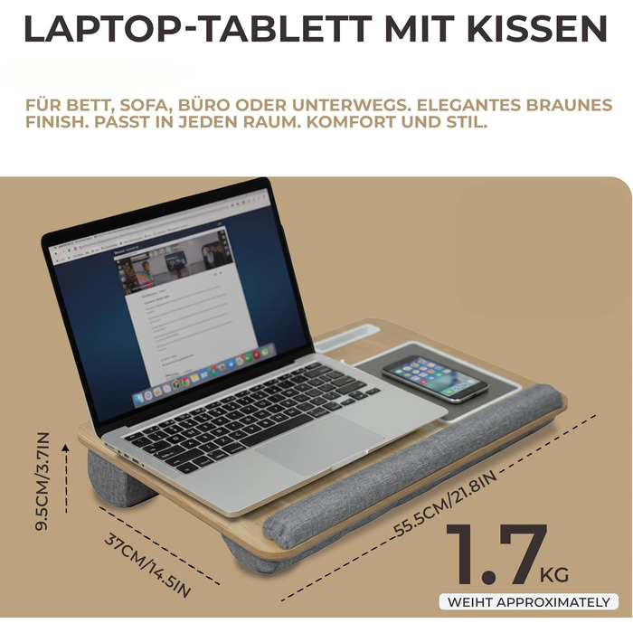 Підставка для ноутбука в ліжко та диван з подушкою, тримач для телефону та підставка для зап'ястя – підходить для ноутбуків до 17' – легка та комфортна для офісу, навчання та відпочинку (Сіра)