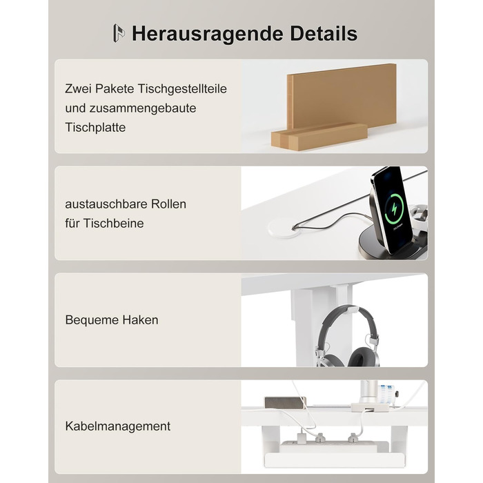 Регульований стіл Homall 200x80 см з USB-портом, електропривод, органайзер для кабелів, пам'ять положень, білий комп'ютерний стіл