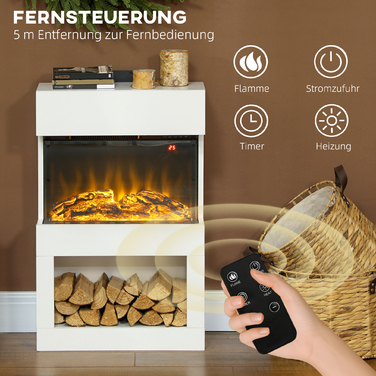 Електричний камін з двома рівнями нагріву, 6 кольорами полум'я, термостатом та дистанційним керуванням, білий