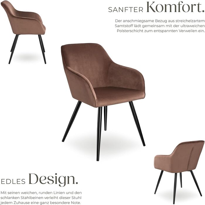 Крісло Tectake® для вітальні та обідньої кімнати з підлокітниками, м'яке крісло з оксамитовою подушкою, коричнево-чорне (6 шт. в наборі)