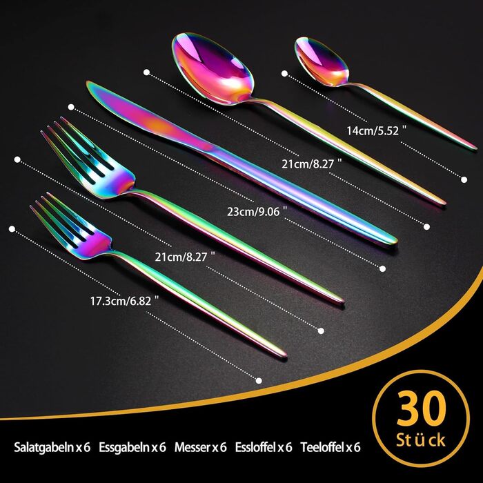 Набір столових приборів Regenbogen 30 предметів з нержавіючої сталі (6 осіб), кольоровий, для кухні/готелю/ресторану, преміум-якість, стійкий до миття в посудомийній машині