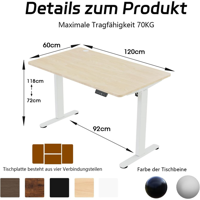 Регульований за висотою стіл Airfish з USB-роз'ємом, електричний стіл з кабельною коробкою, комп'ютерний стіл, офісний стіл, стоячий стіл з нагадуванням про сидячу роботу, 160x80 см, Бежевий & Білий