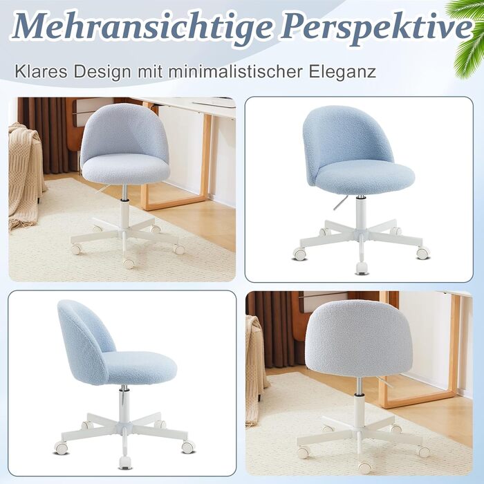 Офісне крісло Bonnlo з роликами, крісло для туалетного столика, регульоване по висоті, для робочого кабінету, спальні, home office, з м'якої тканини Teddy, біле (світло-блакитне)